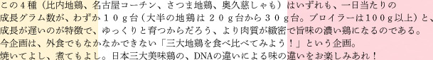 この４種（比内地鶏、名古屋コーチン、さつま地鶏、奥久慈しゃも）はいずれも、一日当たりの
成長グラム数が、わずか１０ｇ台（大半の地鶏は２０ｇ台から３０ｇ台。ブロイラーは１００ｇ以上）と、
成長が遅いのが特徴で、ゆっくりと育つからだろう、より肉質が緻密で旨味の濃い鶏になるのである。
今企画は、外食でもなかなかできない「三大地鶏を食べ比べてみよう！」という企画。
焼いてよし、煮てもよし。日本三大美味鶏の、DNAの違いによる味の違いをお楽しみあれ！