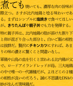 煮ても焼いても、濃厚な肉の旨味が際立つ。さすが比内地鶏と唸る味わいである。まずはシンプルに塩焼きで食べてほしいが、きりたんぽや親子丼でも力を発揮する。
特に親子丼は、比内地鶏の脂が溶けた割り下と卵が混ざり合った部分と、白いご飯の相性は抜群だ。贅沢にチキンカツにすれば、あまりの味の濃さに驚くこと間違いなし。
軍鶏や山鳥の血を引くと言われる比内鶏が父で、ロードアイランドレッドが母。三大地鶏の中で唯一の一代雑種だが、よほどこの２種の相性が良いのだろう、誠に不思議なDNAの妙が生んだ美味鶏だ。